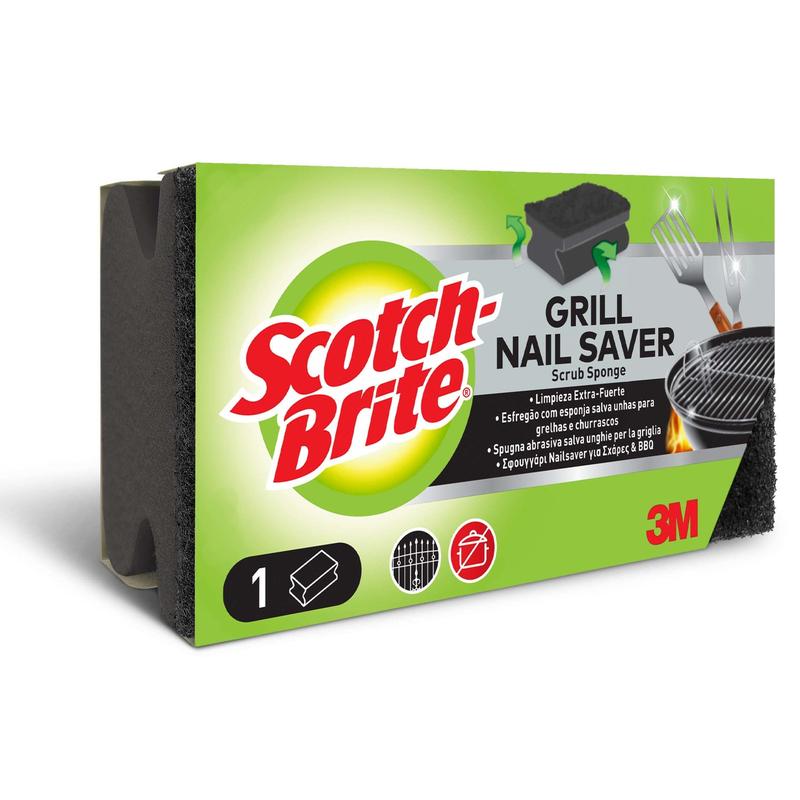 Una scatola rettangolare di spugne Scotch-Brite® Grill di 3M Deutschland GmbH, nei colori verde, giallo e nero, mostra immagini del prodotto e un testo che afferma che è ideale per la pulizia della griglia e degli utensili per barbecue; 1 pezzo per confezione.