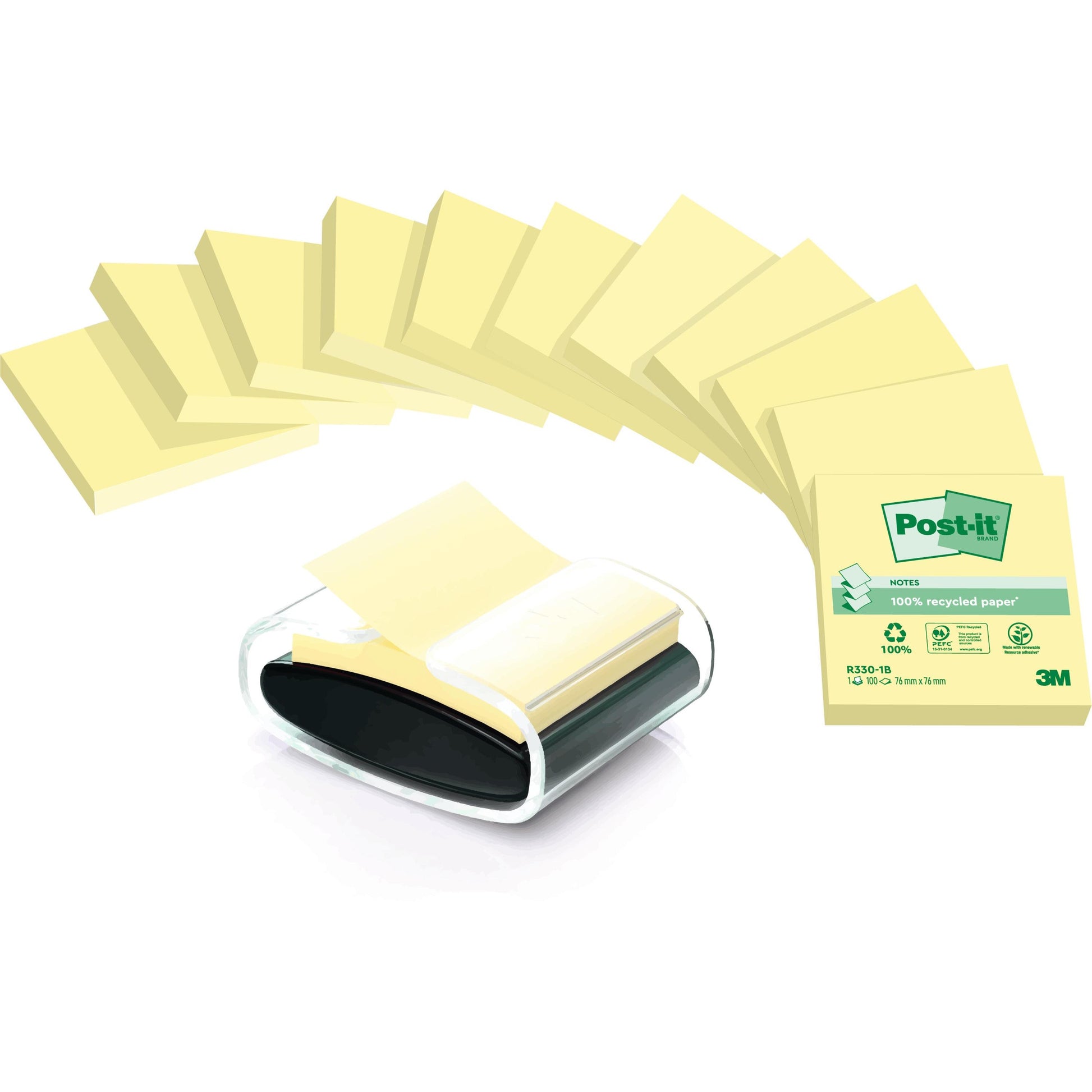 Ein durchsichtiger Spender mit gelben Post-it® Recycling Z-Notes (76x76 mm), 100 Blatt/Block, 12 Blöcke/Packung, plus kostenlosem Spender. Hergestellt aus 100% PEFC-zertifiziertem Papier von 3M Deutschland GmbH. Abgebildete Aktionspackung.