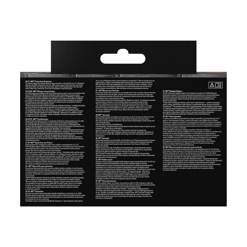 Retro della confezione della maschera antiparticolato 3M™ Cool Flow™ 9922, FFP2 di 3M Deutschland GmbH: sfondo nero, testo multilingue bianco, simboli di avvertimento; evidenziazioni protezione FFP2, valvola antiodore, e linguetta per appendere il display.