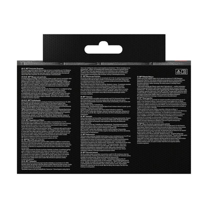 Retro della confezione della maschera antiparticolato 3M™ Cool Flow™ 9922, FFP2 di 3M Deutschland GmbH: sfondo nero, testo multilingue bianco, simboli di avvertimento; evidenziazioni protezione FFP2, valvola antiodore, e linguetta per appendere il display.