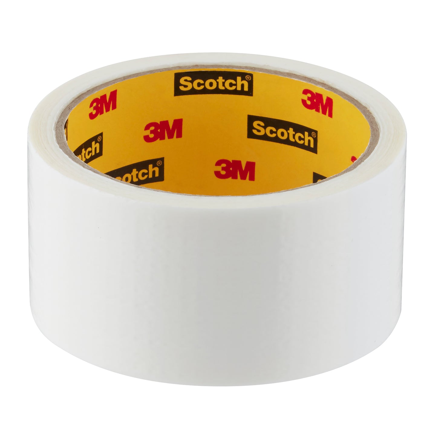 Eine Rolle Scotch® Universal Klebeband 2904 (10 m x 48 mm) der 3M Deutschland GmbH mit weißem Klebeband und gelbem Kern zeigt die Logos von Scotch und 3M auf weißem Hintergrund.