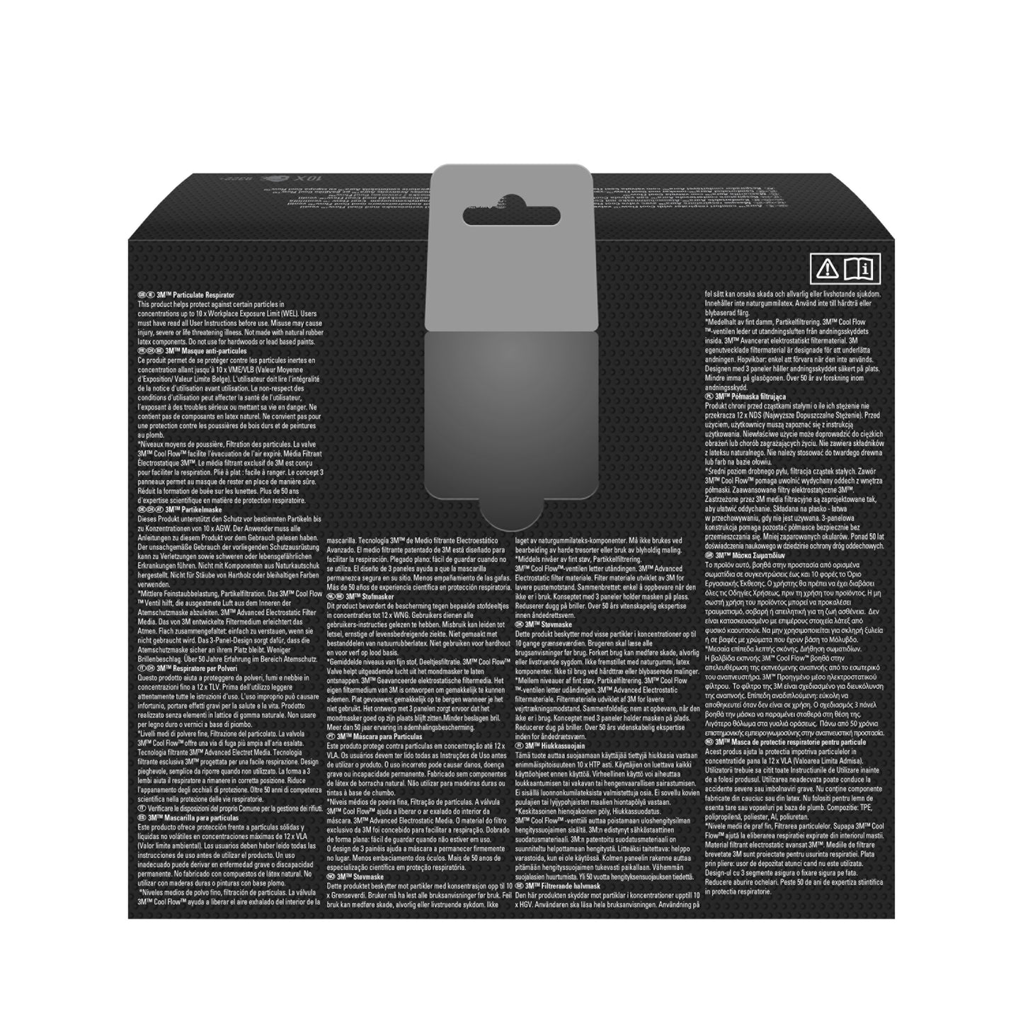 L'immagine mostra il retro di una scatola di 3M™ Aura™ Comfort Cool Flow™ Maschera antiparticolato 9322+ FFP2 con valvola di 3M Deutschland GmbH. La scatola nera ha una linguetta grigia per appendere, testo multilingue bianco in colonne e due simboli nell'angolo in alto a destra.