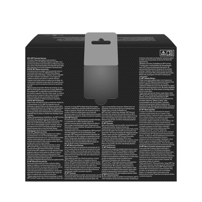 L'immagine mostra il retro di una scatola di 3M™ Aura™ Comfort Cool Flow™ Maschera antiparticolato 9322+ FFP2 con valvola di 3M Deutschland GmbH. La scatola nera ha una linguetta grigia per appendere, testo multilingue bianco in colonne e due simboli nell'angolo in alto a destra.