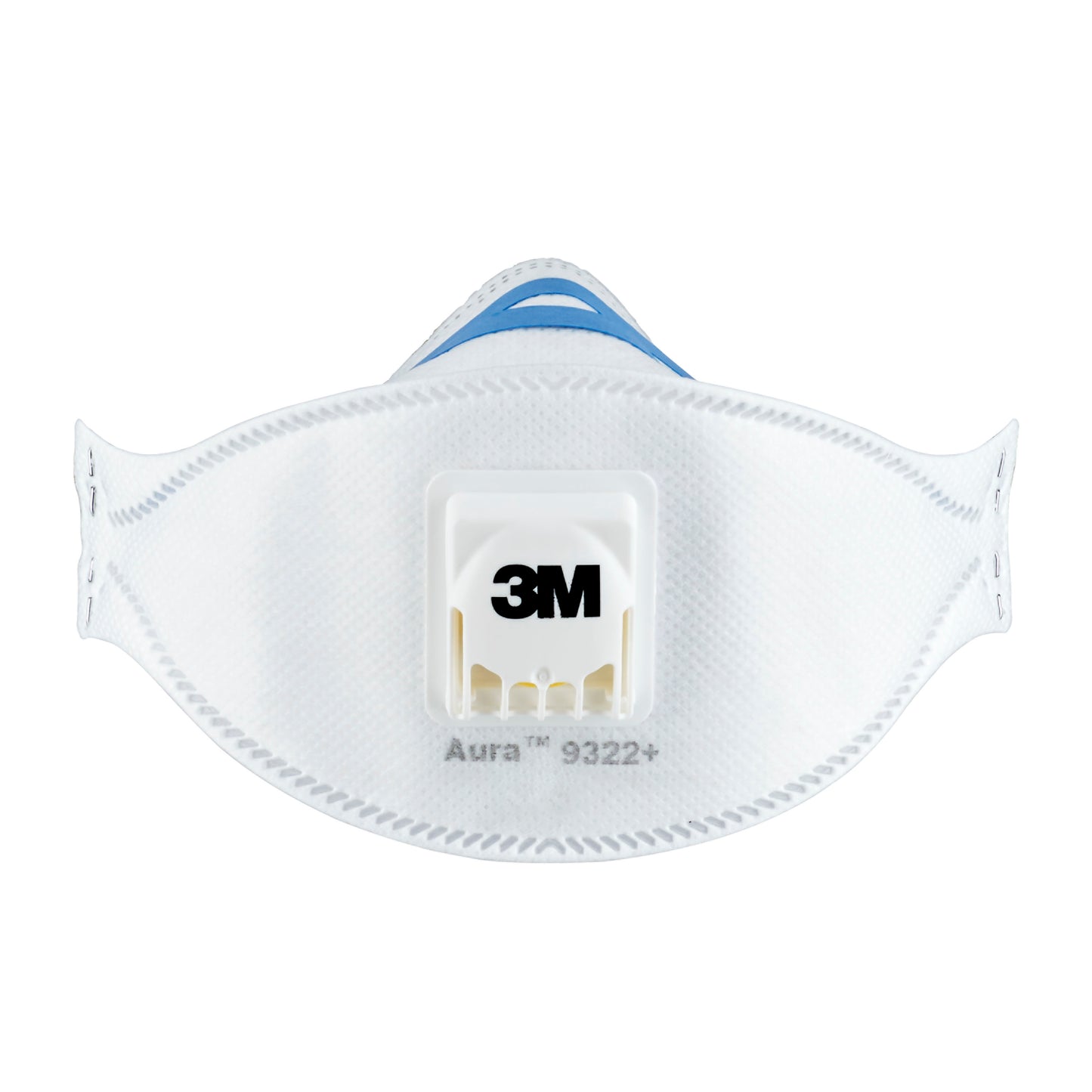 Una 3M™ Aura™ Comfort Cool Flow™ Maschera antiparticolato 9322+, FFP2, con valvola, di 3M Deutschland GmbH, è raffigurata di fronte su sfondo bianco.