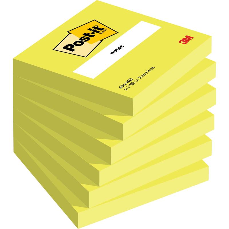 Nell'immagine è raffigurata una pila di Post-it® Notes nel formato 76 mm x 76 mm (100% PEFC, 100 fogli/blocco) della 3M Deutschland GmbH, con il blocco superiore dotato del logo Post-it e spazio per appunti.
