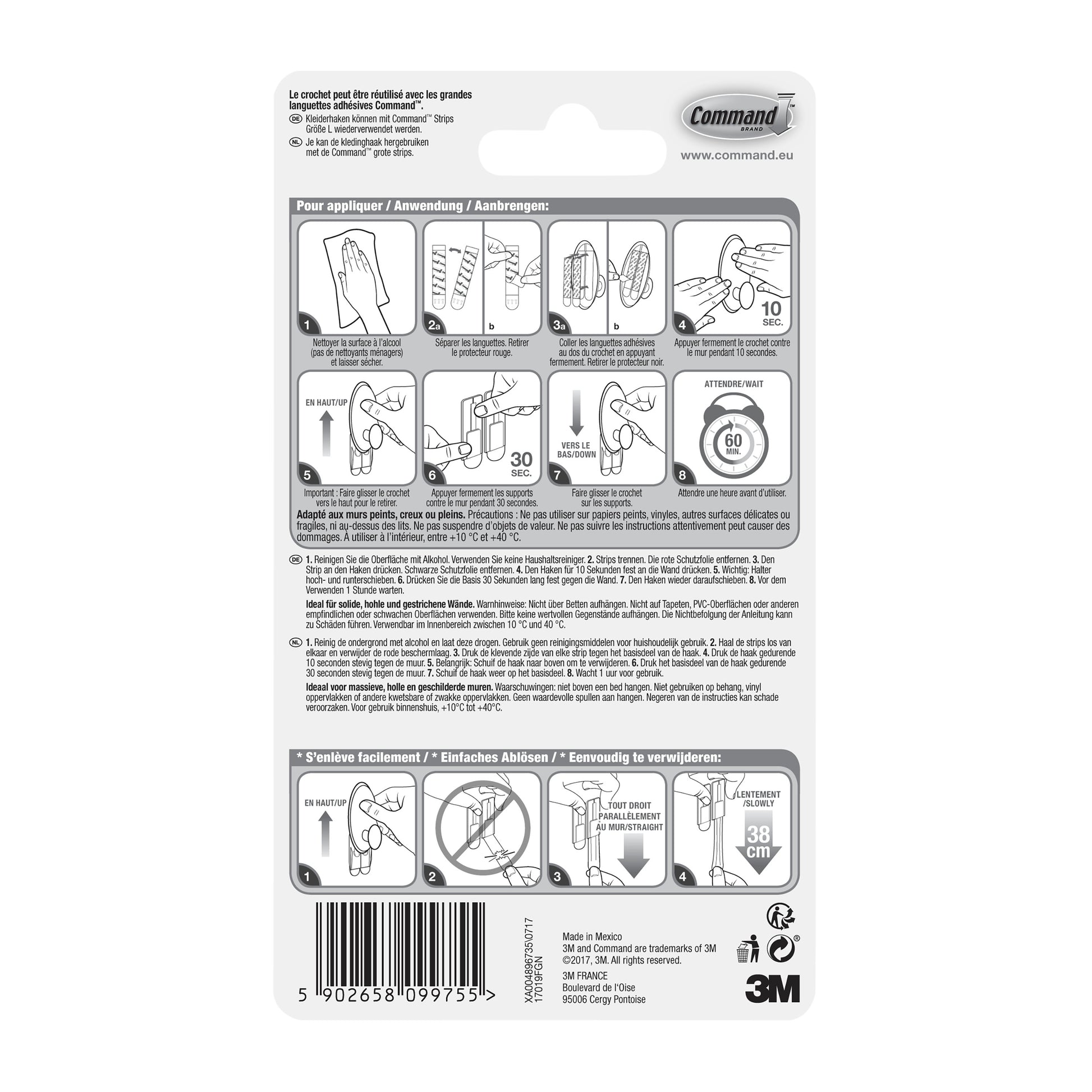 Die Rückseite einer Command™ Kleider-Haken, 17019-FGN (1 Stück) Verpackung von 3M Deutschland GmbH zeigt bebilderte Anwendungs- und Abnahmeschritte, Sicherheitswarnungen, Tipps, mehrsprachige Informationen sowie das 3M Logo und den Barcode.