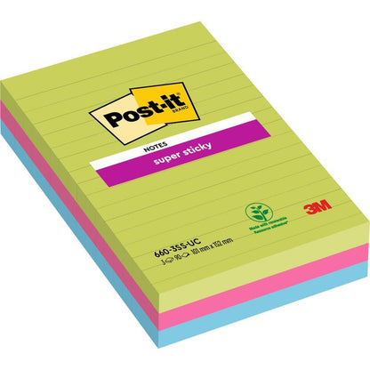 Un pacchetto di Post-it® Super Sticky Notes in formato grande di 3M Deutschland GmbH, a righe, in vari colori (101 mm x 152 mm, 90 fogli/blocco, 3 blocchi), con certificazione 100% PEFC (SGSCH-PEFC-COC-110078).