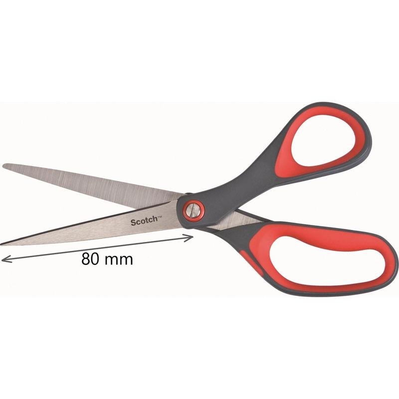Le forbici di precisione rosse Scotch™ di 3M Deutschland GmbH dispongono di manici rosso-neri e una lama marcata di 80 mm con doppia freccia, aperta su sfondo bianco.