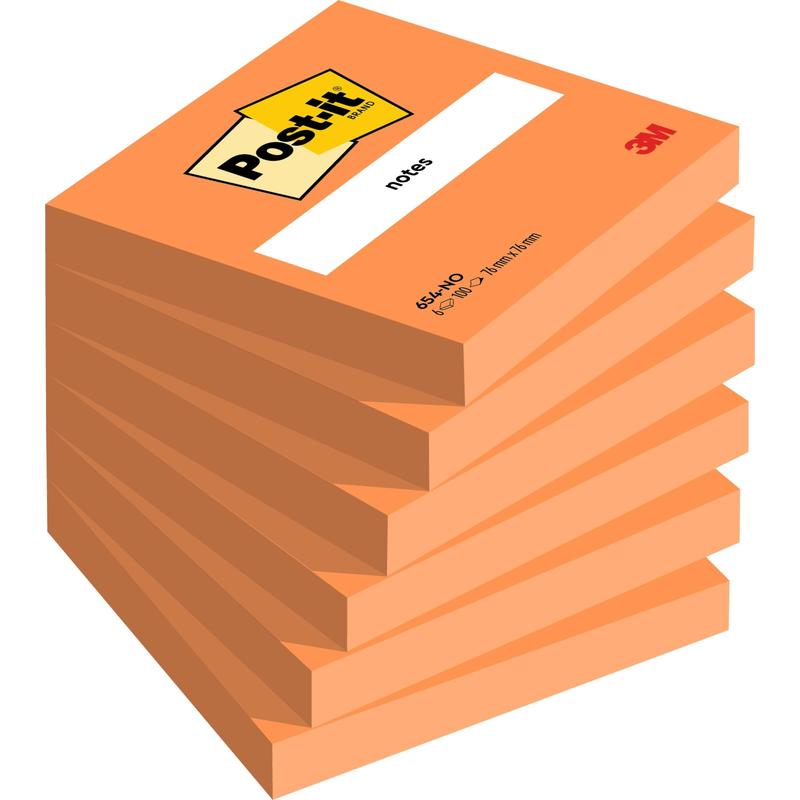 Una pila di sette blocchetti di note arancioni Post-it® della 3M (76 mm x 76 mm, 100 fogli per blocco, 100% PEFC) con il logo Post-it e un'etichetta vuota sul blocco superiore.