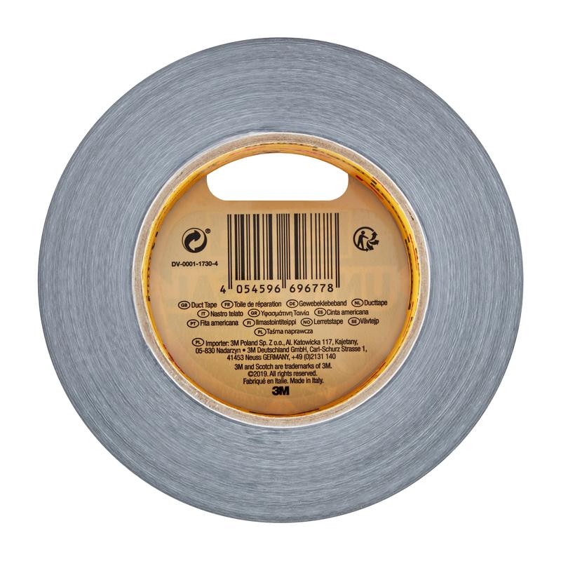 Un rotolo di nastro adesivo Scotch® Universal 2904 (50 m x 48 mm) della 3M Deutschland GmbH, visto dall'alto, si distingue per il suo colore grigio e un'etichetta centrale con codice a barre e informazioni sul prodotto in diverse lingue.