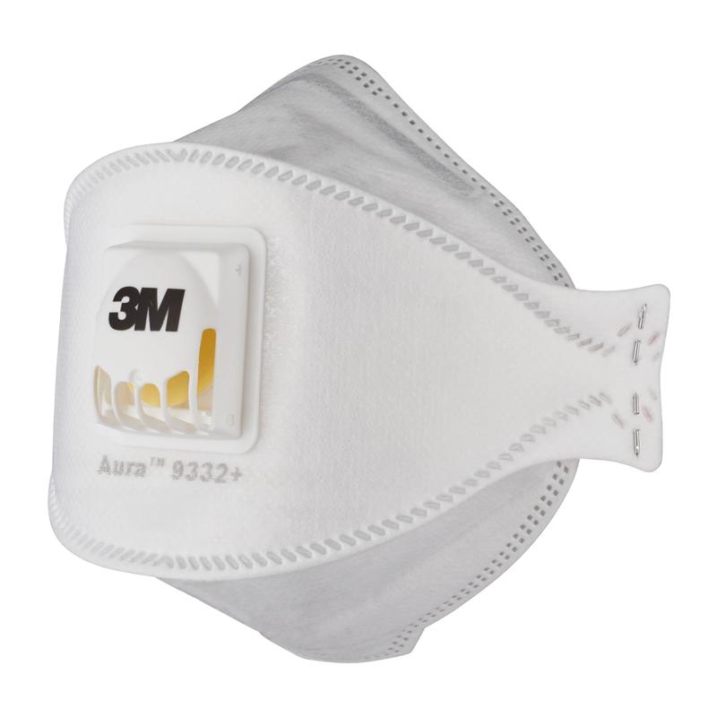 La maschera antiparticolato 3M™ Aura™ Comfort Cool Flow™ 9332+, FFP3, con valvola di 3M Deutschland GmbH è bianca con una valvola gialla, presenta una costruzione multistrato e cuciture visibili ed è progettata per adattarsi in modo sicuro su naso e bocca.