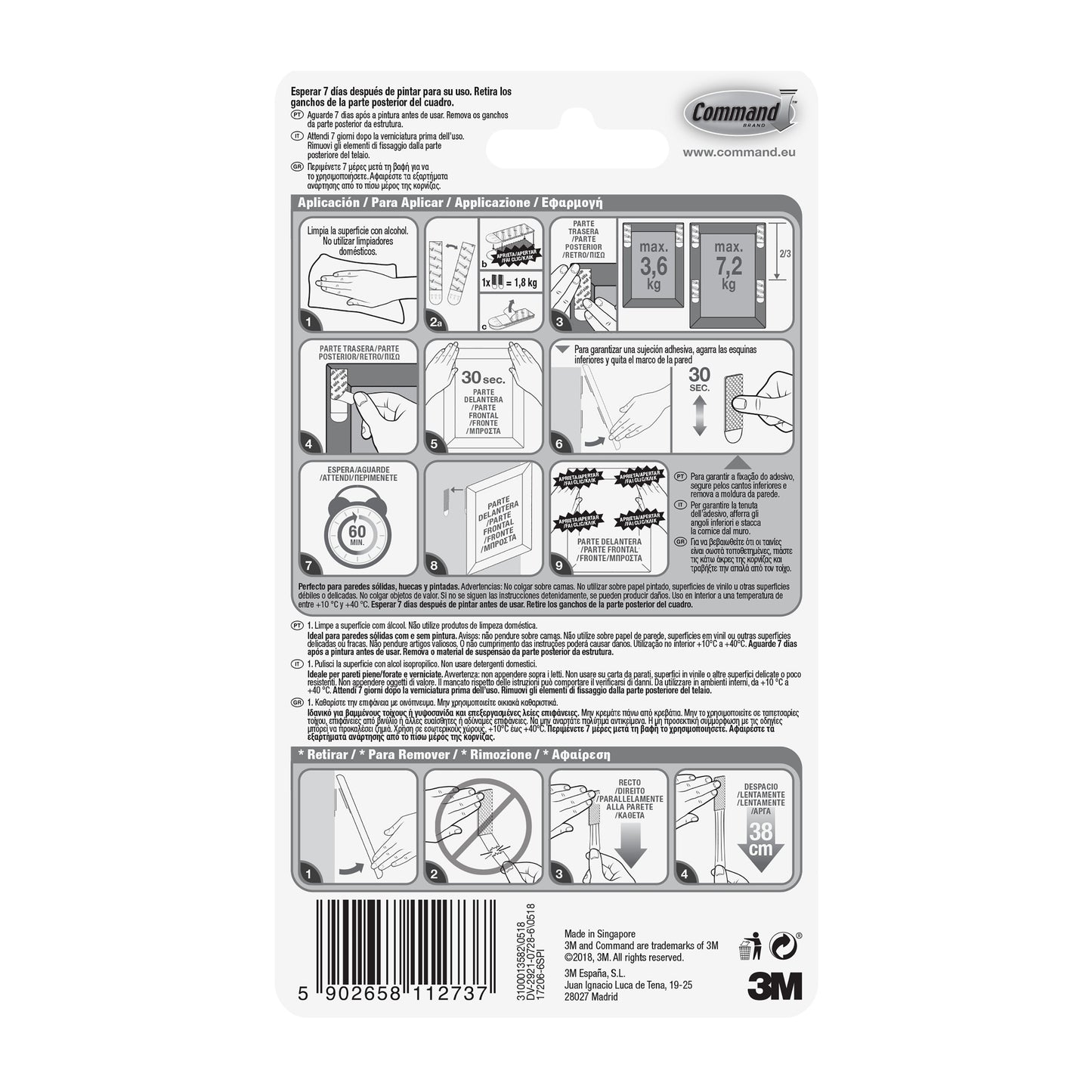 Rückseite der 3M Deutschland GmbH Große Command™ Bilder-Montage Strips L, 6 Sets, zeigt Anbringungs-/Entfernungsschritte in Englisch, Spanisch und Französisch mit Diagrammen, Gewichtsgrenzen, Herstellerinformationen und Barcode am unteren Rand.