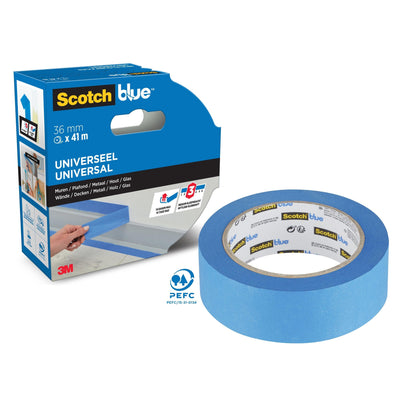 Un rotolo di nastro adesivo per pittori ScotchBlue™ "Multi-Surface" di 3M Deutschland GmbH è raffigurato in una confezione blu-nera con il logo 3M, una larghezza del nastro di 36 mm e l'indicazione dell'idoneità per più superfici.