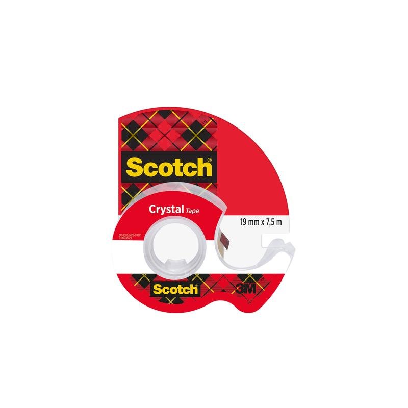 Il nastro adesivo Scotch® Crystal (19 mm x 7,5 m) della 3M Deutschland GmbH viene fornito in un dispenser manuale di plastica con confezione rossa e design a scacchi giallo-nero. L'etichetta mostra la dimensione e riporta il logo 3M. Contiene un rotolo.