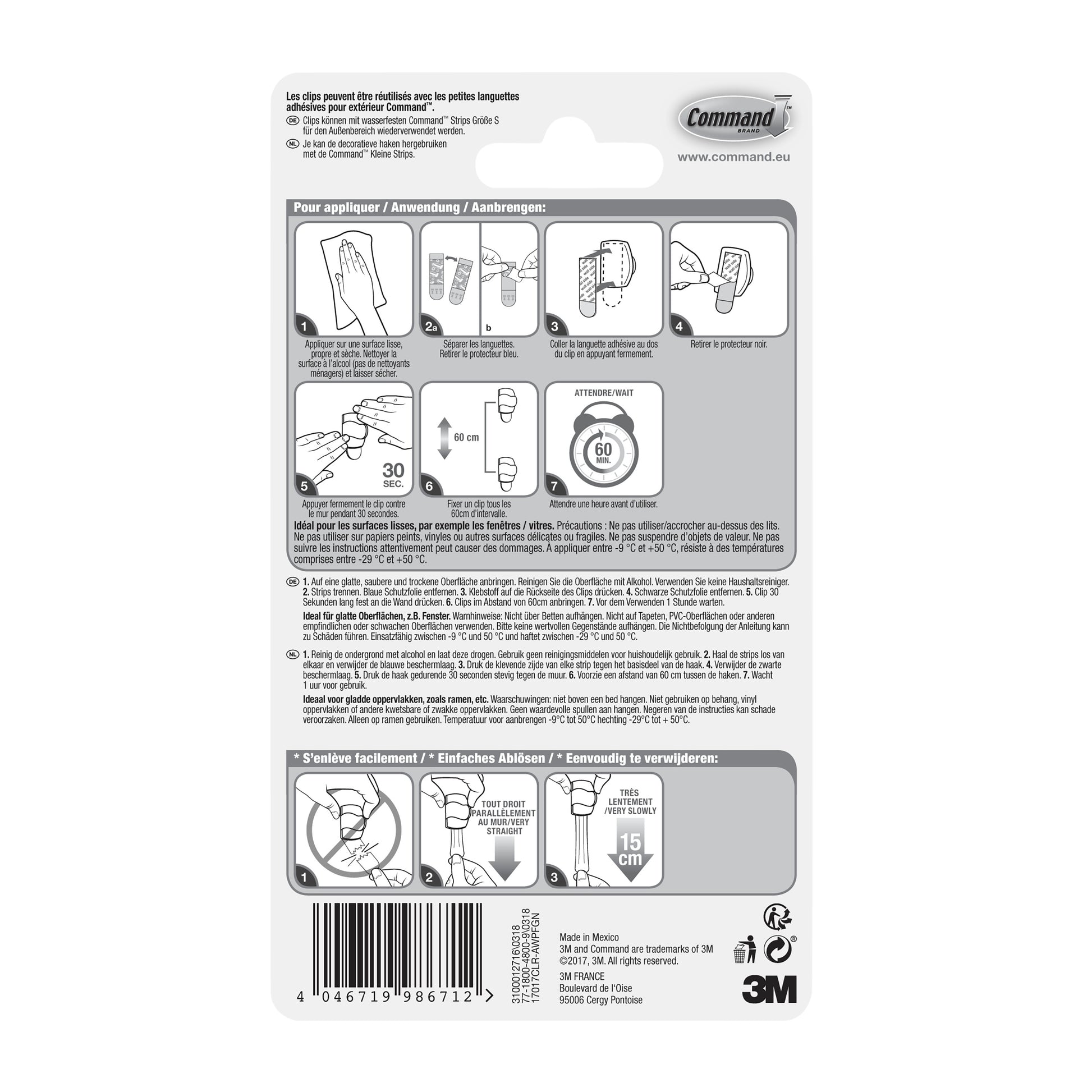 Rückseite der Command™ Outdoor Lichter-Clips, 17017CLR-AWPU (8 Clips + 10 Streifen, 3M Deutschland GmbH) Packung mit Anwendungsdiagrammen, mehrsprachiger Anleitung, Barcode, Branding, illustrierten Klebestreifenschritten und Sicherheitsinformationen.
