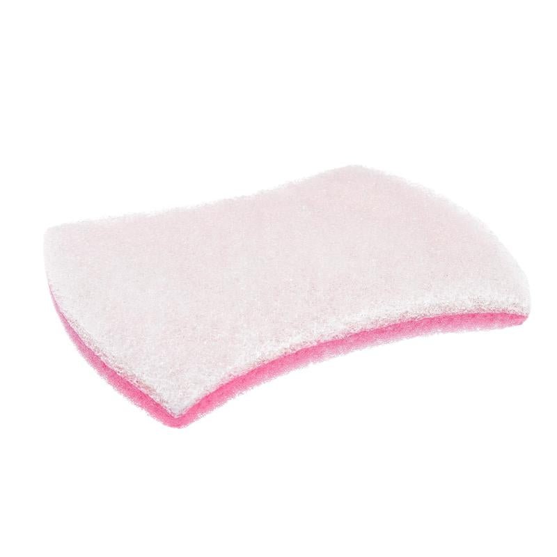 Un primo piano della spugna per la pulizia del bagno Scotch-Brite® Bath XXL di 3M Deutschland GmbH, una spugna rettangolare rosa-bianca con superficie abrasiva strutturata, ideale per rimuovere i depositi di calcare, 1 pezzo per confezione, su sfondo bianco.