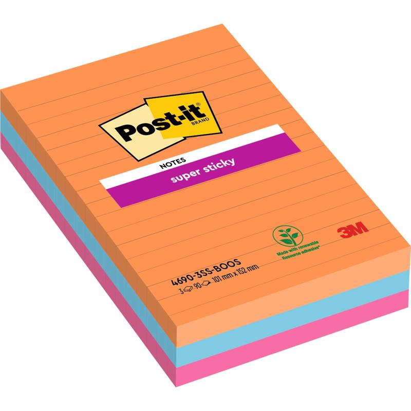 Una pila di grandi Post-it® Super Sticky Notes a righe (101 mm x 152 mm, 90 fogli/blocco, 100% PEFC) nei colori arancione, rosa e blu di 3M Deutschland GmbH.