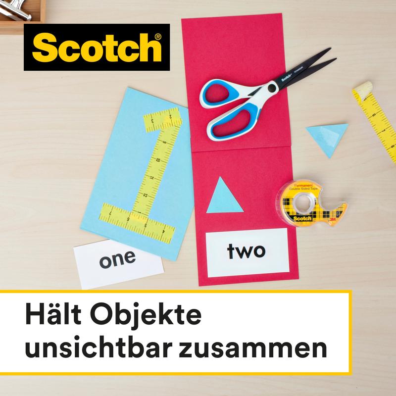 Un paio di forbici, un righello giallo e carta colorata con forme sono posati su una superficie di legno chiaro accanto al nastro adesivo biadesivo Scotch® (12,7 mm x 7,89 m) con dispenser della 3M. In tedesco è scritto: "Tiene insieme gli oggetti in modo invisibile.