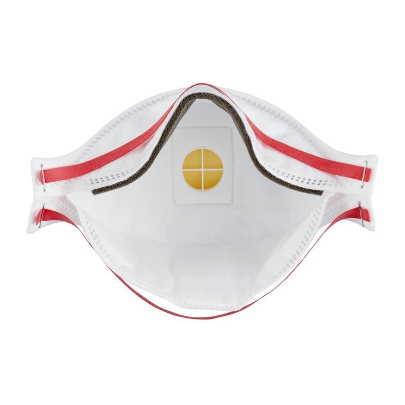 Un primo piano della maschera antiparticolato 3M™ Aura™ Comfort Cool Flow™ 9332+ FFP3 di 3M Deutschland GmbH, che mostra il design bianco, la valvola centrale di espirazione gialla e le fasce elastiche rosse su entrambi i lati.