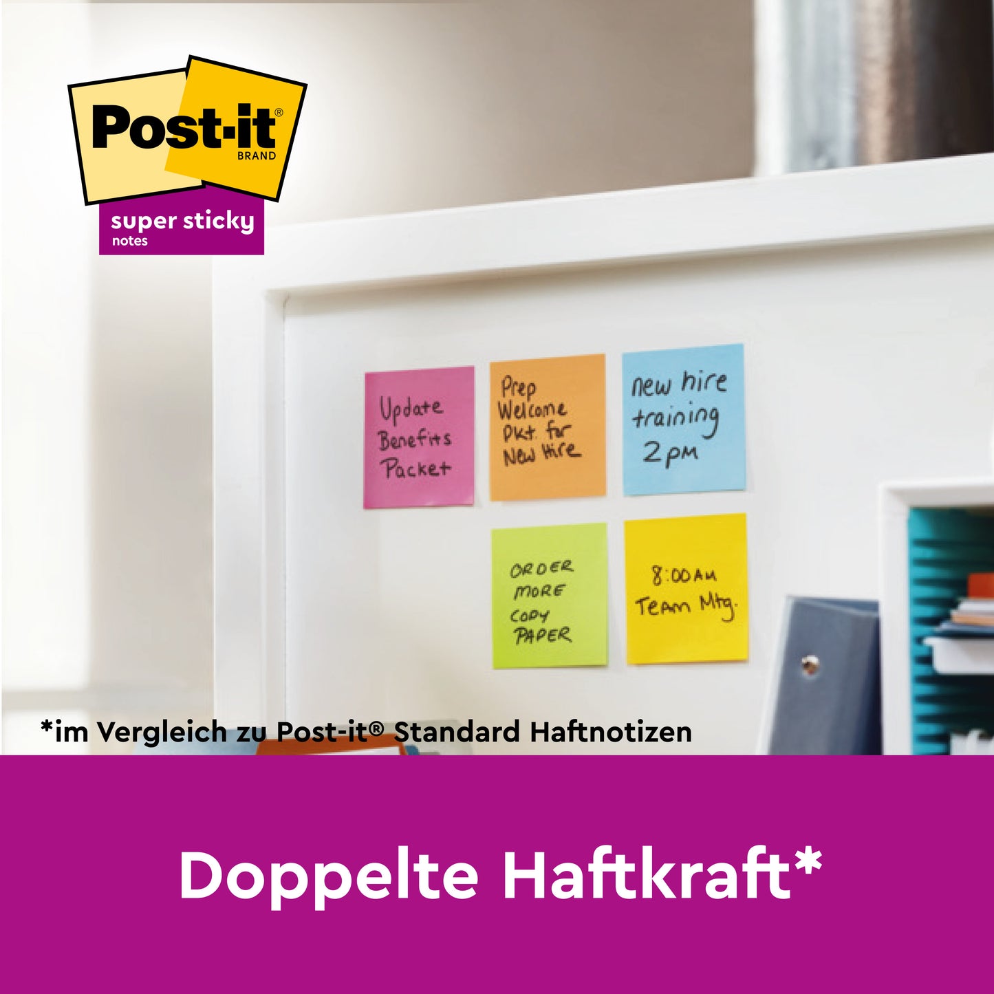 Ein gefütterter, großformatiger gelber Post-it® Super Sticky Notes Block (101 mm x 101 mm, 45 Blatt) der 3M Deutschland GmbH zeichnet sich durch extra starke Klebekraft aus und ist PEFC-zertifiziert (SGSCH-PEFC-COC-110078).