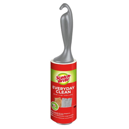 Il rullo levapelucchi Scotch-Brite™ Everyday Clean Mini di 3M Deutschland GmbH con manico colorato (30 fogli, 1/confezione) rimuove facilmente i pelucchi da vari tessuti e mostra dettagli e istruzioni per l'uso sull'etichetta.