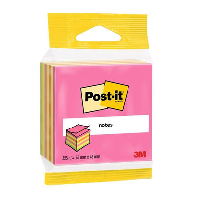 Un pacchetto di cubi di Post-it® Notes di 3M Deutschland in rosa e giallo, 76 x 76 mm, 325 fogli - 100% certificato PEFC, ideale per l'uso quotidiano in ufficio.