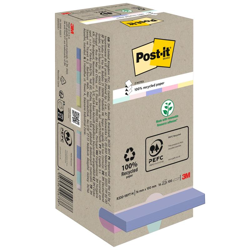 Una scatola di Post-it® Recycling Z-Notes (76 mm x 76 mm, 100% PEFC, 100 fogli/blocco) della 3M Deutschland GmbH. La confezione beige mostra simboli ecologici e note adesive di colori pastello sul bordo inferiore con un logo 3M visibile.