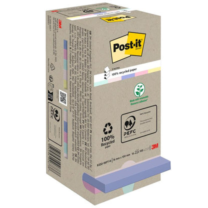 Una scatola di Post-it® Recycling Z-Notes (76 mm x 76 mm, 100% PEFC, 100 fogli/blocco) della 3M Deutschland GmbH. La confezione beige mostra simboli ecologici e note adesive di colori pastello sul bordo inferiore con un logo 3M visibile.