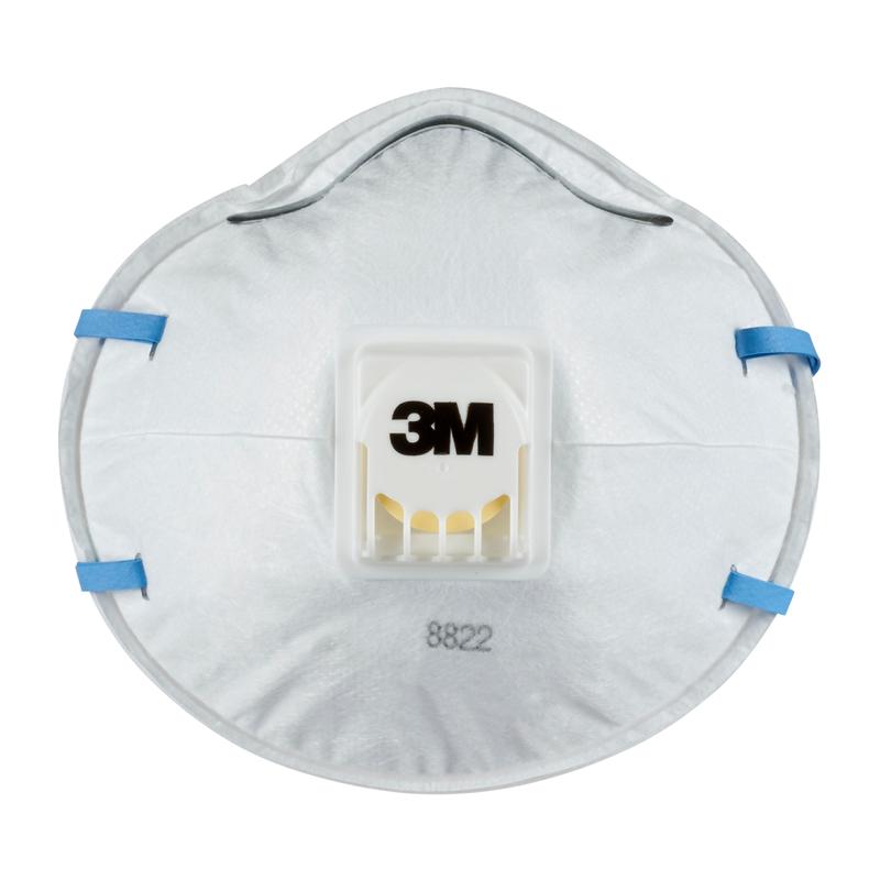 La maschera antipolvere 3M™ Cool Flow™ 8822, FFP2, di 3M Deutschland GmbH è una maschera bianca con ventilazione centrale, bande elastiche blu e la scritta "8822" sotto la valvola.