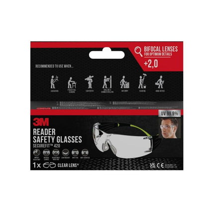Una confezione di occhiali protettivi da lettura 3M™ SecureFit™ di 3M Deutschland GmbH dispone di lenti bifocali chiare +2,0, protezione UV al 99,9% ed è consigliata per lavori di segatura, carpenteria e pittura.