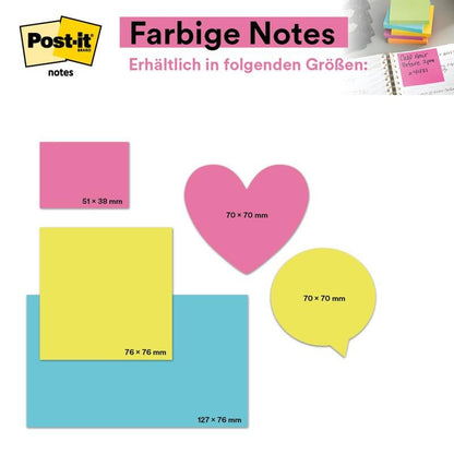 Una tabella mostra Post-it® Notes della 3M Deutschland GmbH in cinque forme e dimensioni: 51x38 mm (rettangolo rosa), 76x76 mm (quadrato giallo, 100 fogli/blocco, 100% PEFC), 127x76 mm (rettangolo blu), 70x70 mm (cuore rosa o fumetto giallo).