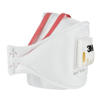 Una vista laterale della maschera antiparticolato 3M™ Aura™ Comfort Cool Flow™ 9332+ (FFP3, con valvola) di 3M Deutschland GmbH è raffigurata su uno sfondo a tinta unita con materiale bianco, nastri rossi e una valvola.