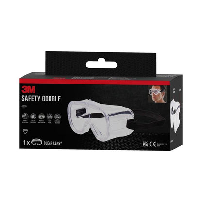 Una scatola di occhiali protettivi 3M™ Classic 4800 di 3M Deutschland GmbH contiene una lente trasparente, un'immagine del prodotto sul davanti, simboli di protezione ventilata indiretta e una piccola foto di una persona che indossa gli occhiali.