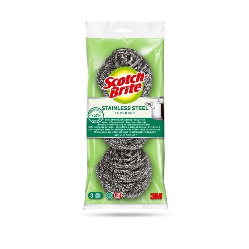 Una confezione di spirali in acciaio inossidabile Scotch-Brite® di 3M Deutschland GmbH con 3 pezzi. La confezione verde-chiara mostra gli scrubber, il marchio, le informazioni sul prodotto, la grafica della pentola ed è ideale per la pulizia della cucina e lo sporco ostinato.