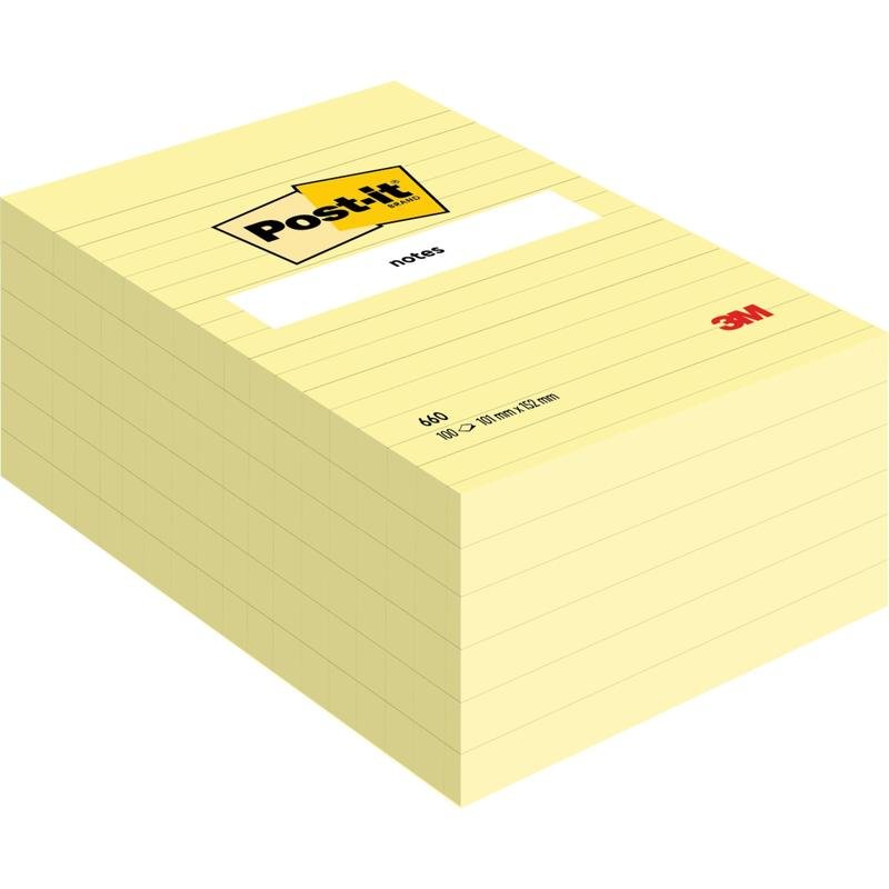 Una grande pila di Post-it® Notes in formato grande, giallo (101 x 152 mm) della 3M Deutschland GmbH, con un'etichetta bianca sopra e il logo 3M nell'angolo in basso a destra. La confezione contiene 600 fogli gialli.
