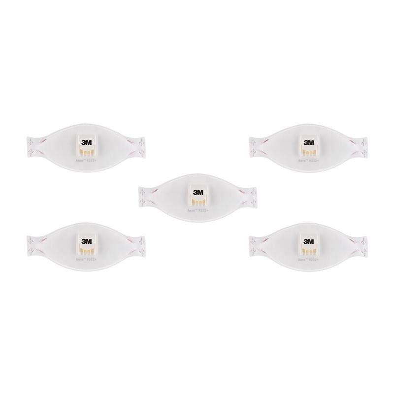 Cinque maschere antiparticolato 3M™ Aura™ Comfort Cool Flow™ 9332+, FFP3, con valvola di 3M Deutschland GmbH sono disposte in due file su sfondo bianco e mostrano ciascuna una valvola centrale.
