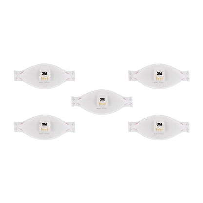 Cinque maschere antiparticolato 3M™ Aura™ Comfort Cool Flow™ 9332+, FFP3, con valvola di 3M Deutschland GmbH sono disposte in due file su sfondo bianco e mostrano ciascuna una valvola centrale.