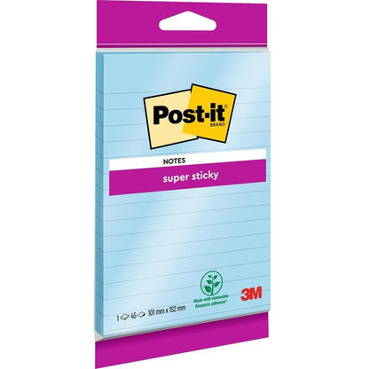 Una confezione di Post-it® Super Sticky Notes in formato grande, rigate (102 x 152 mm, 45 fogli, 100% PEFC) di 3M Deutschland GmbH con una tenuta extra forte.