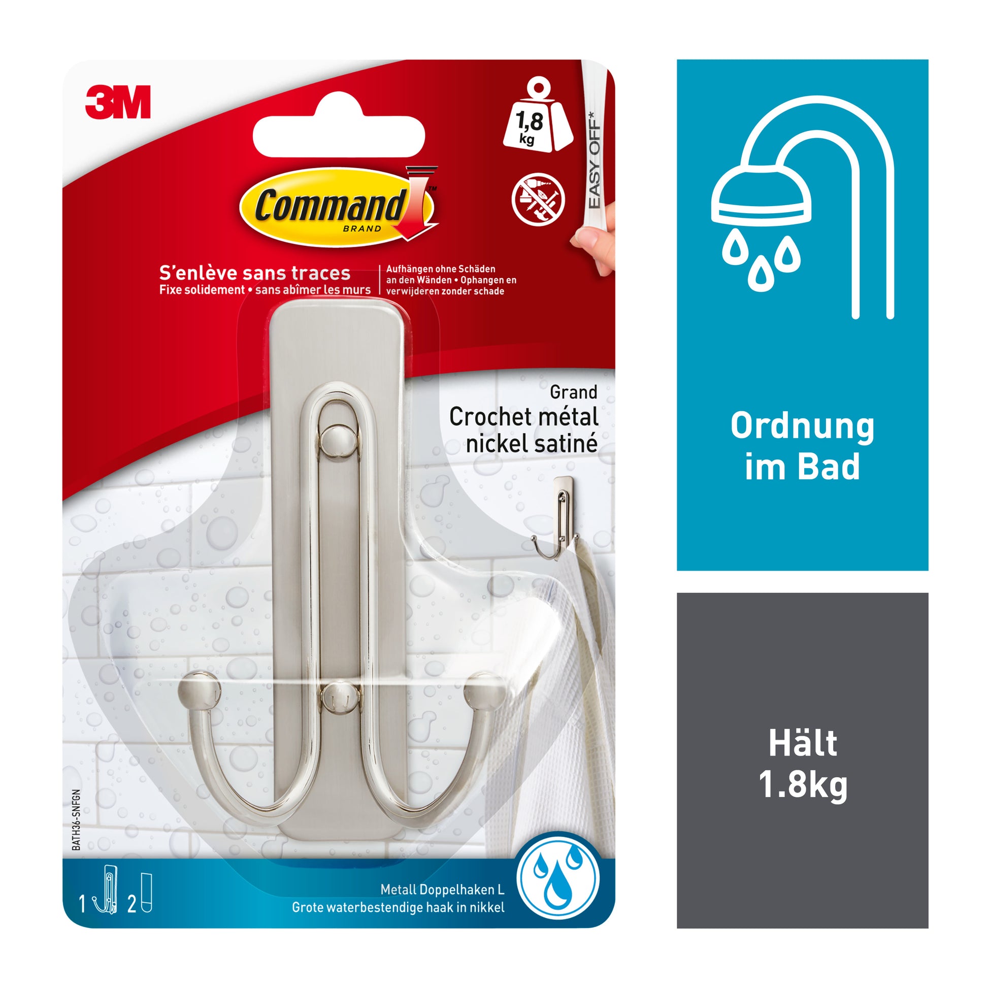 Der 3M Command™ Großer Badezimmer-Doppelhaken Nickel satiniert (36FGN) wird in einer Einzelhandelsverpackung mit 1 Haken und 2 großen Streifen geliefert, hält bis zu 1,8 kg und enthält eine französische und deutsche Anleitung.