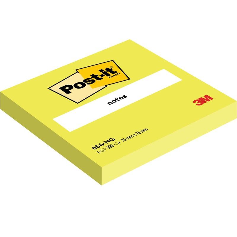 Una confezione gialla di Post-it® Notes (76 mm x 76 mm, 100 fogli/blocco, 100% PEFC) della 3M Deutschland GmbH riporta il logo del marchio Post-it e "notes" sulla copertina.