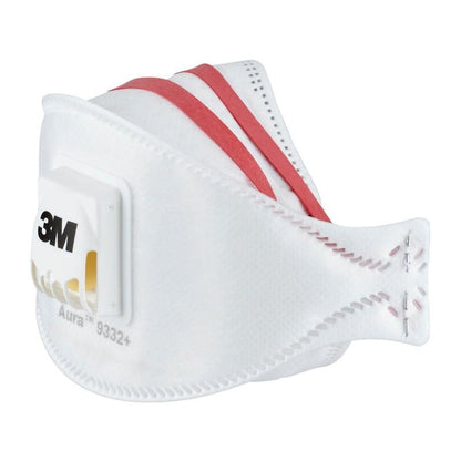 La maschera antiparticolato 3M™ Aura™ Comfort Cool Flow™ 9332+, FFP3, con valvola di 3M Deutschland GmbH è una maschera respiratoria bianca con due bande elastiche rosse e una valvola gialla, raffigurata su uno sfondo uniforme.