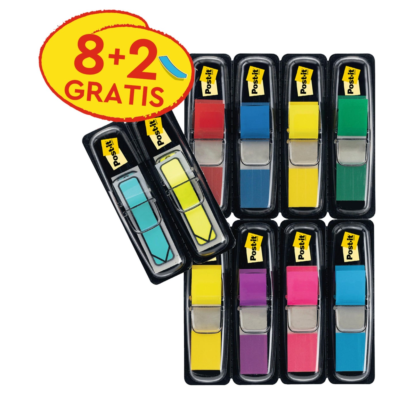 Das 3M Deutschland GmbH Post-it® Index Haftstreifen Mini Set (11,9 x 43,2 mm) enthält sortierte Farben und blau/gelbe Indexpfeile, mit Promotion "8+2 GRATIS" für einfache Dokumentenmarkierung-insgesamt: 8 Spender + 4 gratis pro Packung.