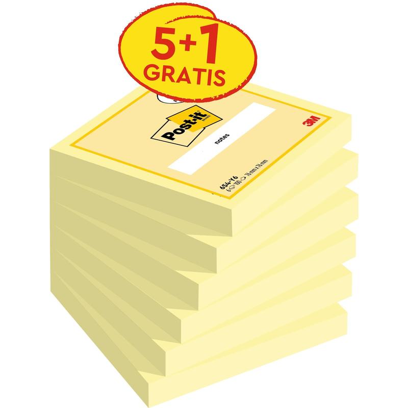 Post-it® Note, Giallo, 76 mm x 76 mm, Promozione, 100 fogli/blocco, 5 blocchi + 1 omaggio/confezione, 100% PEFC, SGSCH-PEFC-COC-110078 | Confezione (6 pezzi)