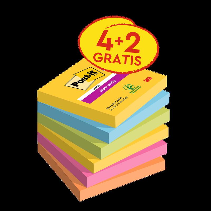 Post-it® Super Sticky Notes, Collezione Carnival, 76 mm x 76 mm, Promozione, 90 fogli/blocco, 4 blocchi + 2 omaggio/confezione, 100% PEFC, SGSCH-PEFC-COC-110078 | Confezione (6 pezzi)