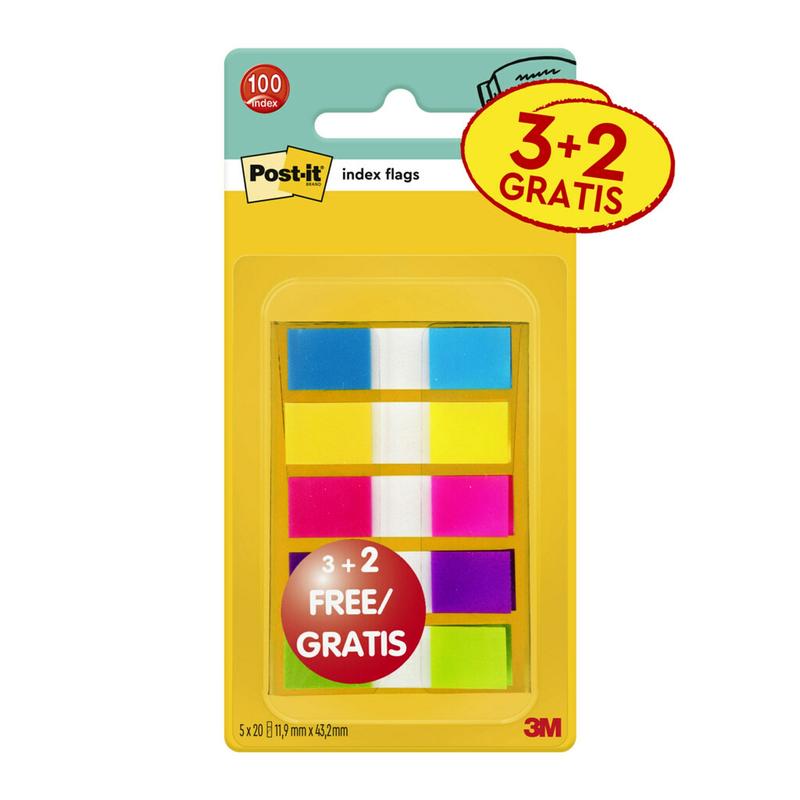 Strisce adesive Post-it® Index, Mini, colori assortiti, 11,9 mm x 43,2 mm, Promozione, 60 strisce adesive + 40 omaggio/dispenser, 1 dispenser/confezione | Confezione (5 pezzi)