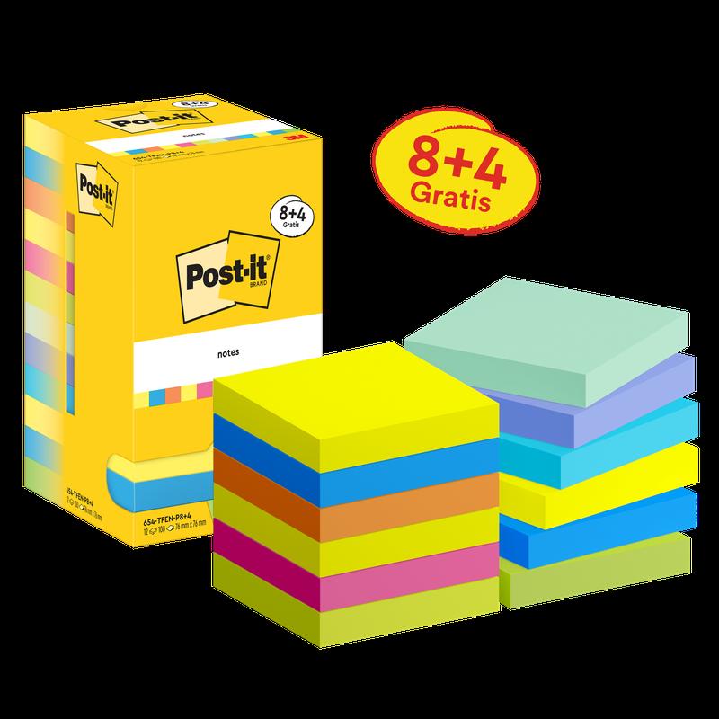 Post-it® Note, Collezione Energetic, 76 mm x 76 mm, Promozione, 90 fogli/blocco, 8 blocchi + 4 omaggio/confezione, confezione in cartone, 100% PEFC, SGSCH-PEFC-COC-110078 | Confezione (12 pezzi)