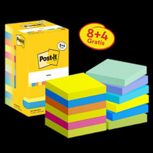 Post-it® Note, Collezione Energetic, 76 mm x 76 mm, Promozione, 90 fogli/blocco, 8 blocchi + 4 omaggio/confezione, confezione in cartone, 100% PEFC, SGSCH-PEFC-COC-110078 | Confezione (12 pezzi)