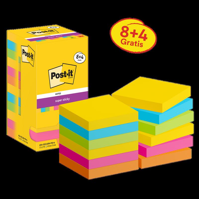 Post-it® Super Sticky Notes, Collezione Carnival, 76 mm x 76 mm, Promozione, 90 fogli/blocco, 8 blocchi + 4 omaggio/confezione, confezione in cartone, 100% PEFC, SGSCH-PEFC-COC-110078 | Confezione (12 pezzi)
