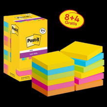 Post-it® Super Sticky Notes, Collezione Carnival, 76 mm x 76 mm, Promozione, 90 fogli/blocco, 8 blocchi + 4 omaggio/confezione, confezione in cartone, 100% PEFC, SGSCH-PEFC-COC-110078 | Confezione (12 pezzi)