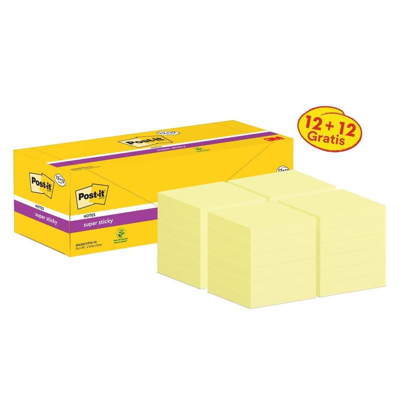 Post-it® Super Sticky Notes, Giallo, 76 mm x 76 mm, Promozione, 90 fogli/blocco, 12 blocchi + 12 omaggio/confezione, confezione in cartone, 100% PEFC, SGSCH-PEFC-COC-110078 | Confezione (24 pezzi)
